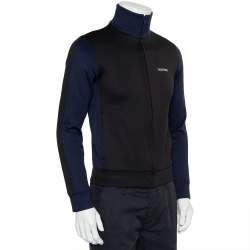 Pre Owned Valentino Black & Navy Blue Paneled Jersey Logo Printed Zip Front Track Jacket XS