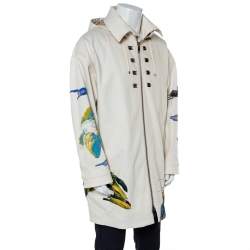 Pre Owned Valentino Beige Denim Beaded Patch Work Detail Oversized Hooded Long Jacket M