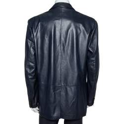 Valentino Vintage Midnight Blue Leather Button Front Jacket XL