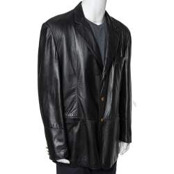 Pre Owned Valentino Vintage Black Leather Button Front Blazer 3XL  