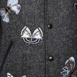 Valentino Charcoal Grey Wool & Black Leather Embroidered Bomber Jacket XS