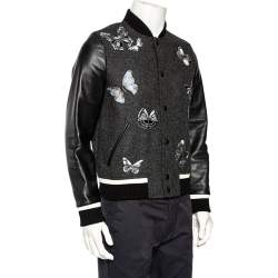 Valentino Charcoal Grey Wool & Black Leather Embroidered Bomber Jacket XS