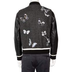 Valentino Charcoal Grey Wool & Black Leather Embroidered Bomber Jacket XS