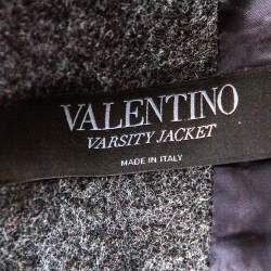 Valentino Charcoal Grey Wool & Black Leather Embroidered Bomber Jacket XS