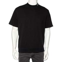 Pre Owned Valentino Black Cotton VLTN Intarsia Trim Detailed Crew Neck T-Shirt L