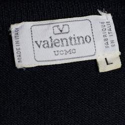 Pre Owned بلوفر فالنتينو أومو أزرق كحلي بنمط مضلع رقبة حرف في مقاس كبير - لارح