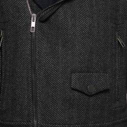 Pre Owned Valentino Black Herringbone Patterned Wool & Leather Biker Jacket L