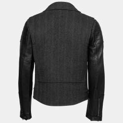 Pre Owned Valentino Black Herringbone Patterned Wool & Leather Biker Jacket L