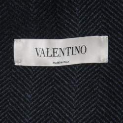 Pre Owned Valentino Black Herringbone Patterned Wool & Leather Biker Jacket L