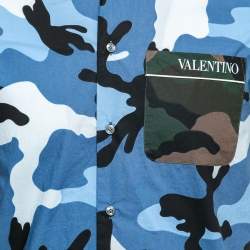 Pre Owned Valentino Blue Camouflage Print Cotton Short Sleeve Shirt S