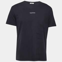 Pre Owned Valentino Navy Blue Logo Print Cotton Crew Neck Half Sleeve T-Shirt L