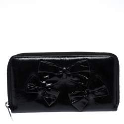 Valentino Black Patent Leather Bow Continental Zip Around Wallet