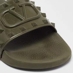 Pre Owned Valentino Olive Green Rubber Escape v logo Flat Slides Size 44