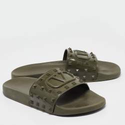 Pre Owned Valentino Olive Green Rubber Escape v logo Flat Slides Size 44