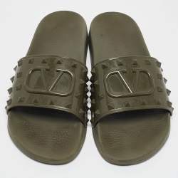 Pre Owned Valentino Olive Green Rubber Escape v logo Flat Slides Size 44