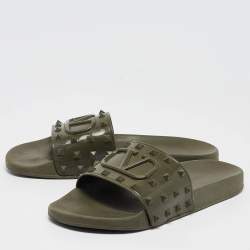 Pre Owned Valentino Olive Green Rubber Escape v logo Flat Slides Size 44
