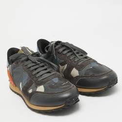 Pre Owned Valentino Multicolor Camouflage Print Canvas and Leather Rockrunner Sneakers Size 45