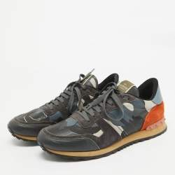 Pre Owned Valentino Multicolor Camouflage Print Canvas and Leather Rockrunner Sneakers Size 45