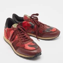 Valentino Red Camouflage Leather and Canvas Rockrunner Sneakers Size 45