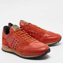 مملوكة مسبقًا Valentino Orange Suede and Leather Rockstud Sneakers Size 45