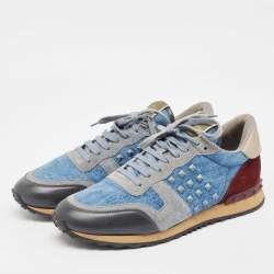 Pre Owned Valentino Multicolor Denim and Leather Rockstud Lace Up Sneakers Size 45