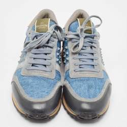 Pre Owned Valentino Multicolor Denim and Leather Rockstud Lace Up Sneakers Size 45