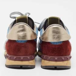 Pre Owned Valentino Multicolor Denim and Leather Rockstud Lace Up Sneakers Size 45