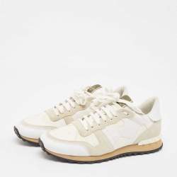 Pre Owned Valentino White Camo Print Canvas and Leather Rockrunner Sneakers Size 43