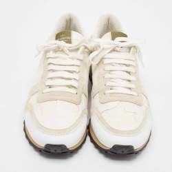 Pre Owned Valentino White Camo Print Canvas and Leather Rockrunner Sneakers Size 43