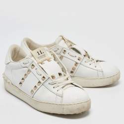 Pre Owned Valentino White Leather Rockstud Lace Up Sneakers Size 40.5