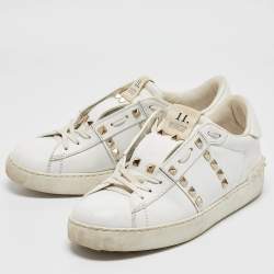 Pre Owned Valentino White Leather Rockstud Lace Up Sneakers Size 40.5