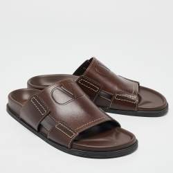 Valentino Brown Leather Escape V logo Slide Sandals Size 41