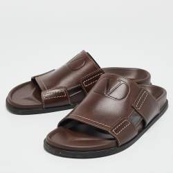 Valentino Brown Leather Escape V logo Slide Sandals Size 41