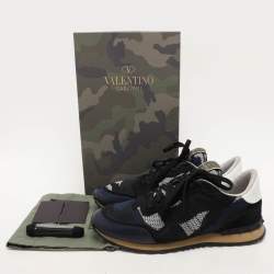 Valentino Blue/Black  Suede And Leather Camouflage Rockrunner Low Top Sneakers Size 45