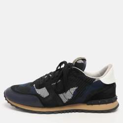 Valentino Blue/Black  Suede And Leather Camouflage Rockrunner Low Top Sneakers Size 45