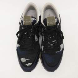 Valentino Blue/Black  Suede And Leather Camouflage Rockrunner Low Top Sneakers Size 45