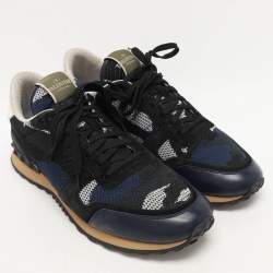 Valentino Blue/Black  Suede And Leather Camouflage Rockrunner Low Top Sneakers Size 45