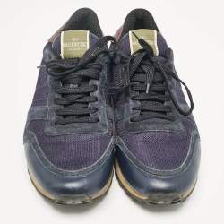 Valentino Blue/Grey Leather and Mesh Rockrunner Lace Up Sneakers Size 44
