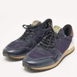 Valentino Blue/Grey Leather and Mesh Rockrunner Lace Up Sneakers Size 44