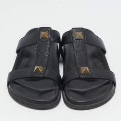 Pre Owned Valentino Black Leather Studded Flat Sandals Size 45