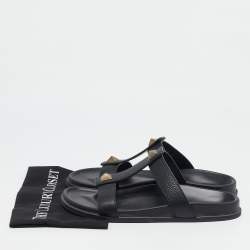 Pre Owned Valentino Black Leather Studded Flat Sandals Size 45
