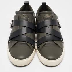 Valentino Green/Black Leather Buckle Strap Rockstud Sneakers Size 44