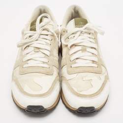 Pre Owned Valentino Grey/White Leather and Suede Rockrunner Low-Top Sneakers Size 42