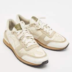 Pre Owned Valentino Grey/White Leather and Suede Rockrunner Low-Top Sneakers Size 42