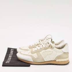 Pre Owned Valentino Grey/White Leather and Suede Rockrunner Low-Top Sneakers Size 42