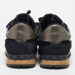 Valentino Black/Metallic  Leather and Suede Rockrunner Sneakers Size 42