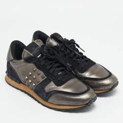 Valentino Black/Metallic  Leather and Suede Rockrunner Sneakers Size 42