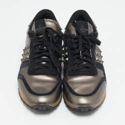Valentino Black/Metallic  Leather and Suede Rockrunner Sneakers Size 42