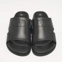 Valentino Black Leather VLogo Flat Slides Size 45