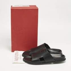 Valentino Black Leather VLogo Flat Slides Size 45
